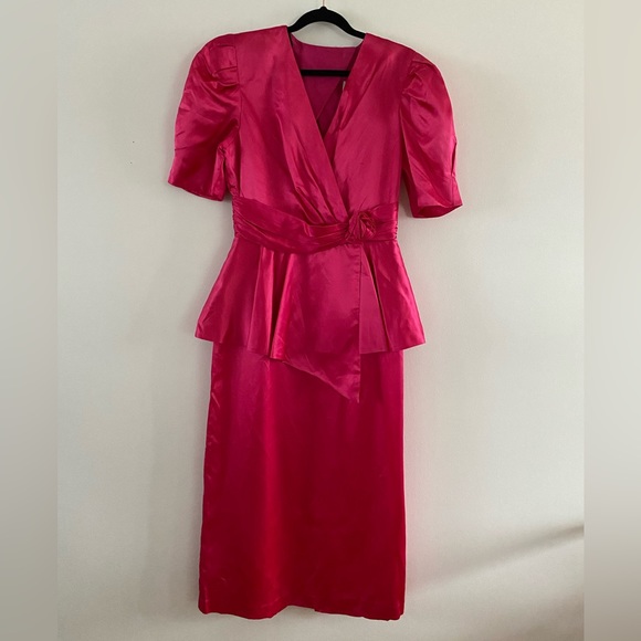 Vintage Dresses & Skirts - SOLD ELSEWHERE - 70s/80s Nu Mode Bright Satin Pink Dress with Open Back